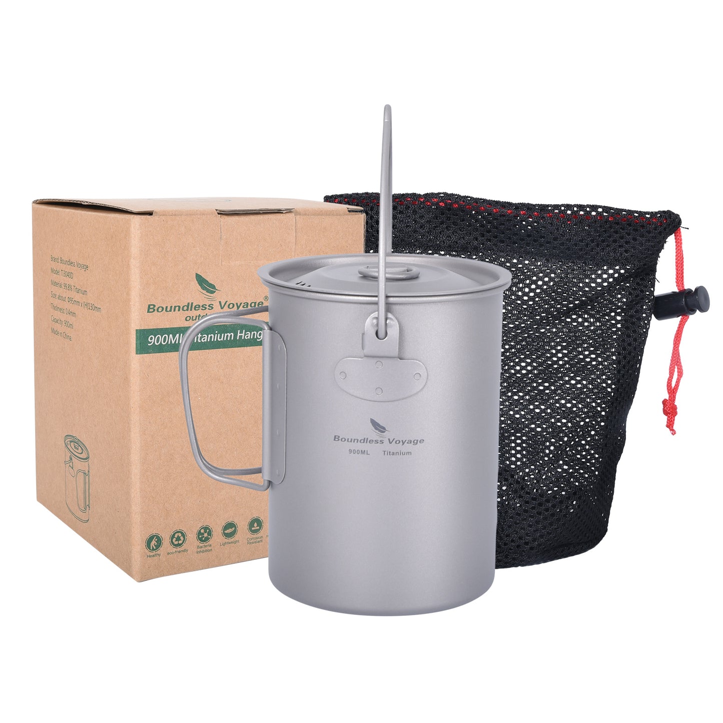 Boundless Voyage Titanium 900ml Camping Mug Pot – Ultralight Hanging Cup with Folding Handle for Hiking, Cooking & Outdoor Use