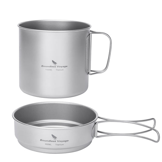 Boundless Voyage Titanium Pot & Pan Set with Folding Handles – Ultralight Camping Cookware Mess Kit for Hiking, Picnic & Outdoor Tableware