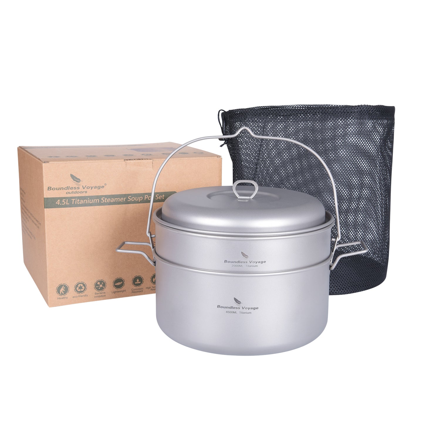 Boundless Voyage Titanium Steamer & Soup Pot Set – 4.5L + 2L Ultralight Camping Cookware for Outdoor Hiking, Picnic & Travel For 3-5 Person