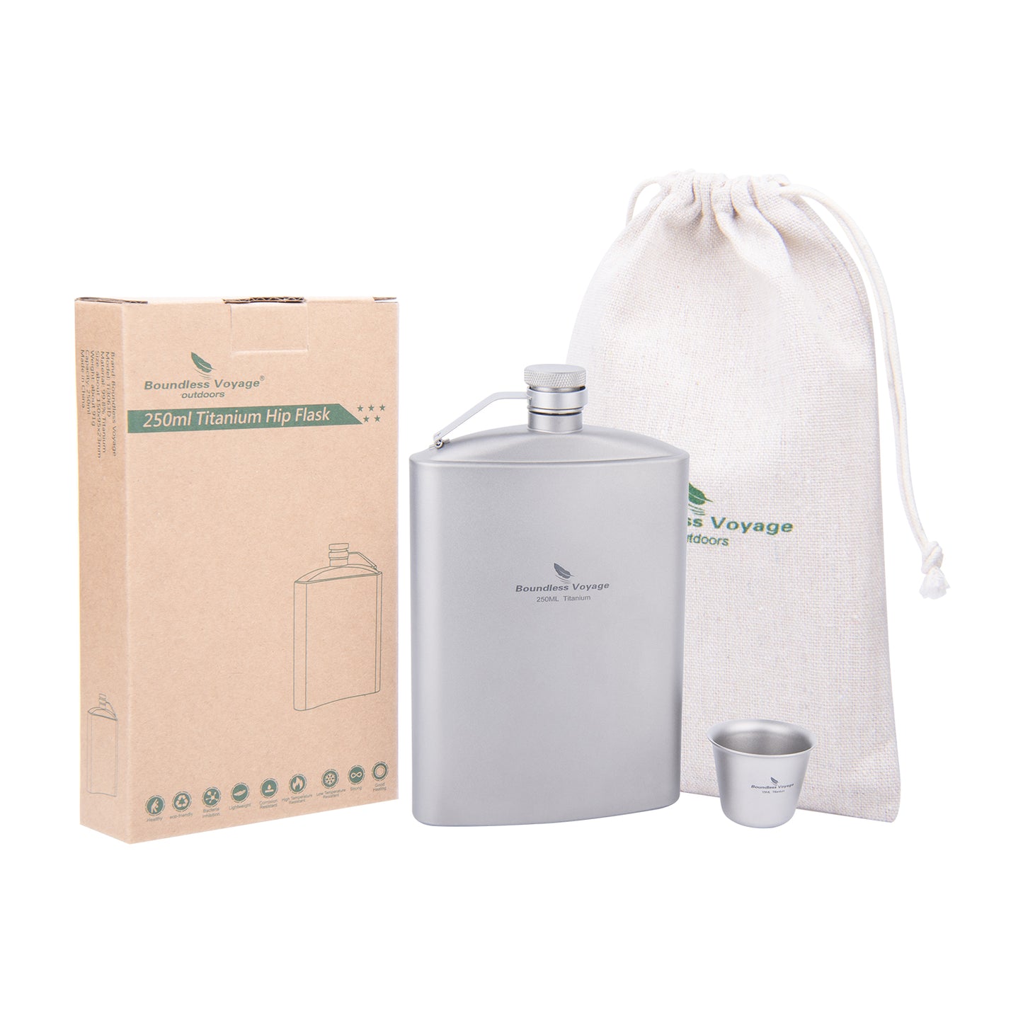 Boundless Voyage Outdoor Titanium Hip Flask with Funnel Camping Hiking Climbing Pocket Alcohol Whiskey Flask Flagon Wine Cup Mug Pot 8.5oz/250ml & 150ml Cup