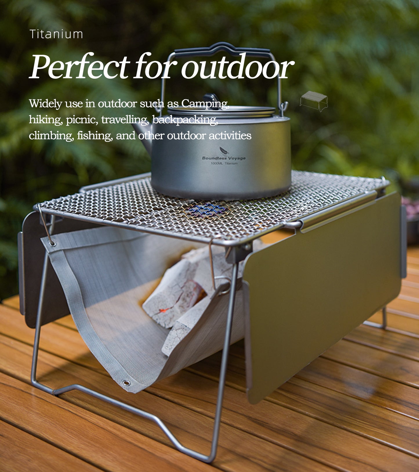 Boundless Voyage TA1 Titanium 2-in-1 Folding Campfire Grill – Portable Outdoor BBQ Table with Frying Plate & Collapsible Legs for Camping, Picnic & Backpacking