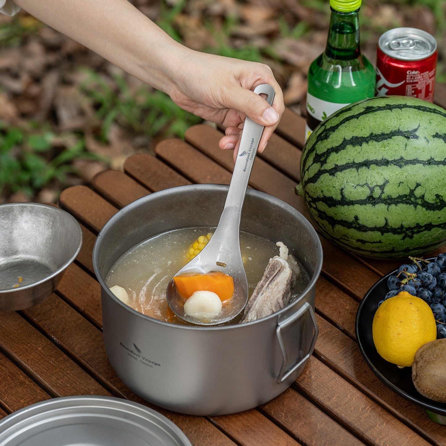 Boundless Voyage Ultralight Titanium Soup Skimmer & Colander – Long Handle Portable Cooking Tool for Frying & Kitchen Use