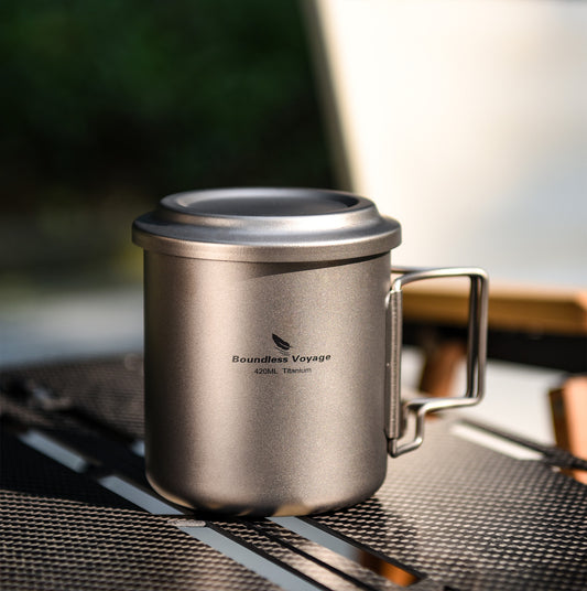 Boundless Voyage 420ml Titanium Mug with Tea Infuser & Lid | Ultralight Folding Handle Tea Maker | Portable Camping Coffee Cup & Steeper for Home & Office