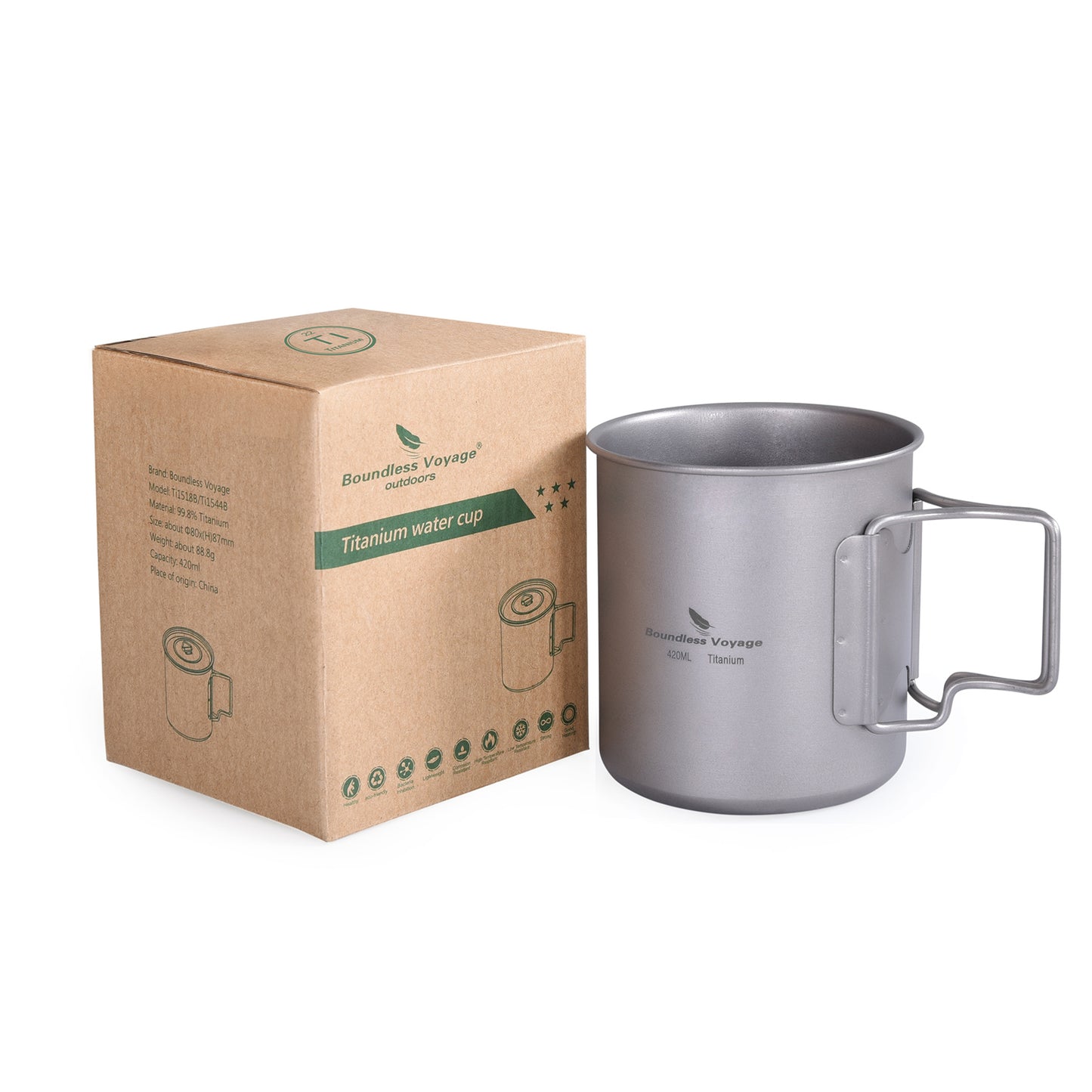 Boundless Voyage Outdoor Titanium Cup 420ml Camping Mug Foldable Handle Outdoor Hiking Ultralight Portable Water Coffee Tea Cup