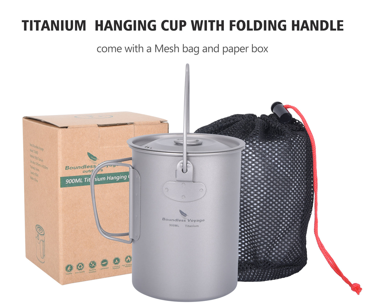 Boundless Voyage Titanium 900ml Camping Mug Pot – Ultralight Hanging Cup with Folding Handle for Hiking, Cooking & Outdoor Use