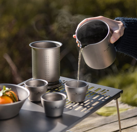 Boundless Voyage 400ml Titanium Double-Layer Tea Maker Set | 168g Insulated Teapot with 45ml Anti-Scald Cups | Lightweight Double-Walled Travel Tea Set