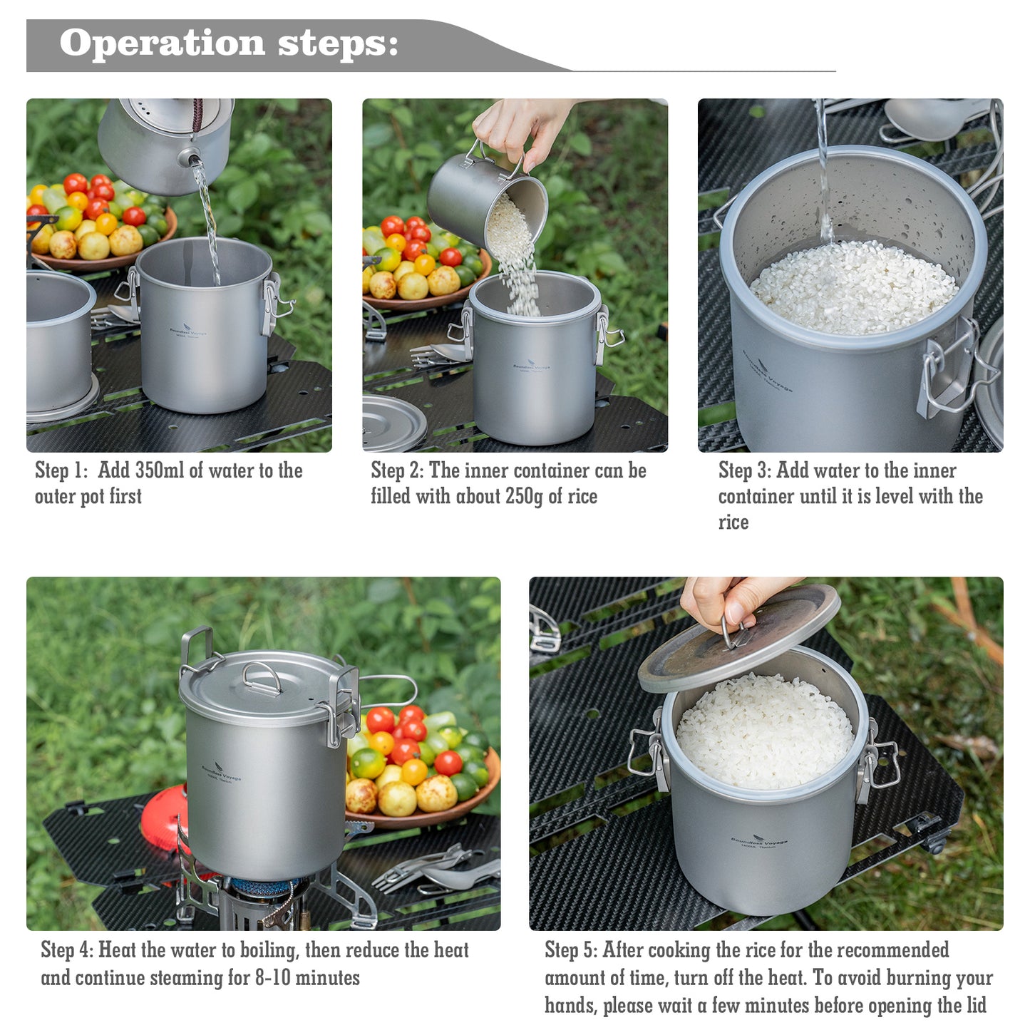 Boundless Voyage Titanium Rice Cooker Pot Ultralight Camping Cookware for Hiking & Travel
