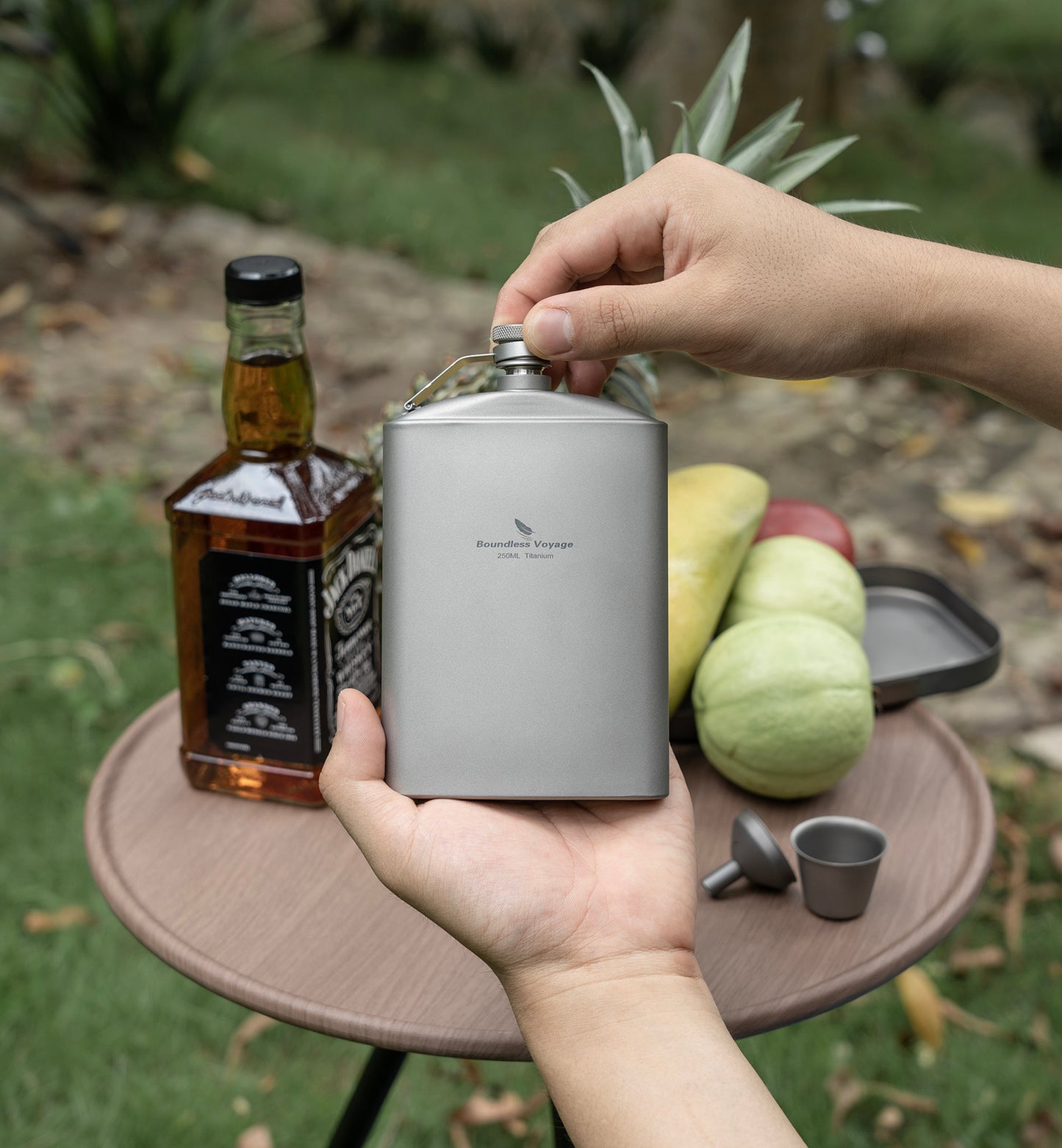 Boundless Voyage Outdoor Titanium Hip Flask with Funnel Camping Hiking Climbing Pocket Alcohol Whiskey Flask Flagon Wine Cup Mug Pot 8.5oz/250ml & 150ml Cup