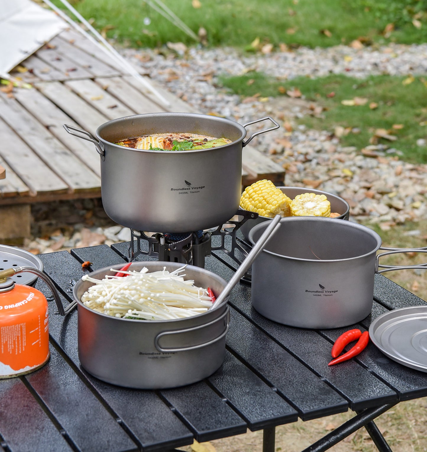 Boundless Voyage Titanium 3pcs Camping Cookware Mess Kit, Camping Cooking Set, Portable Nonstick Camp Pots Set 1.4L 1.6L 2.4L for Outdoor Camping