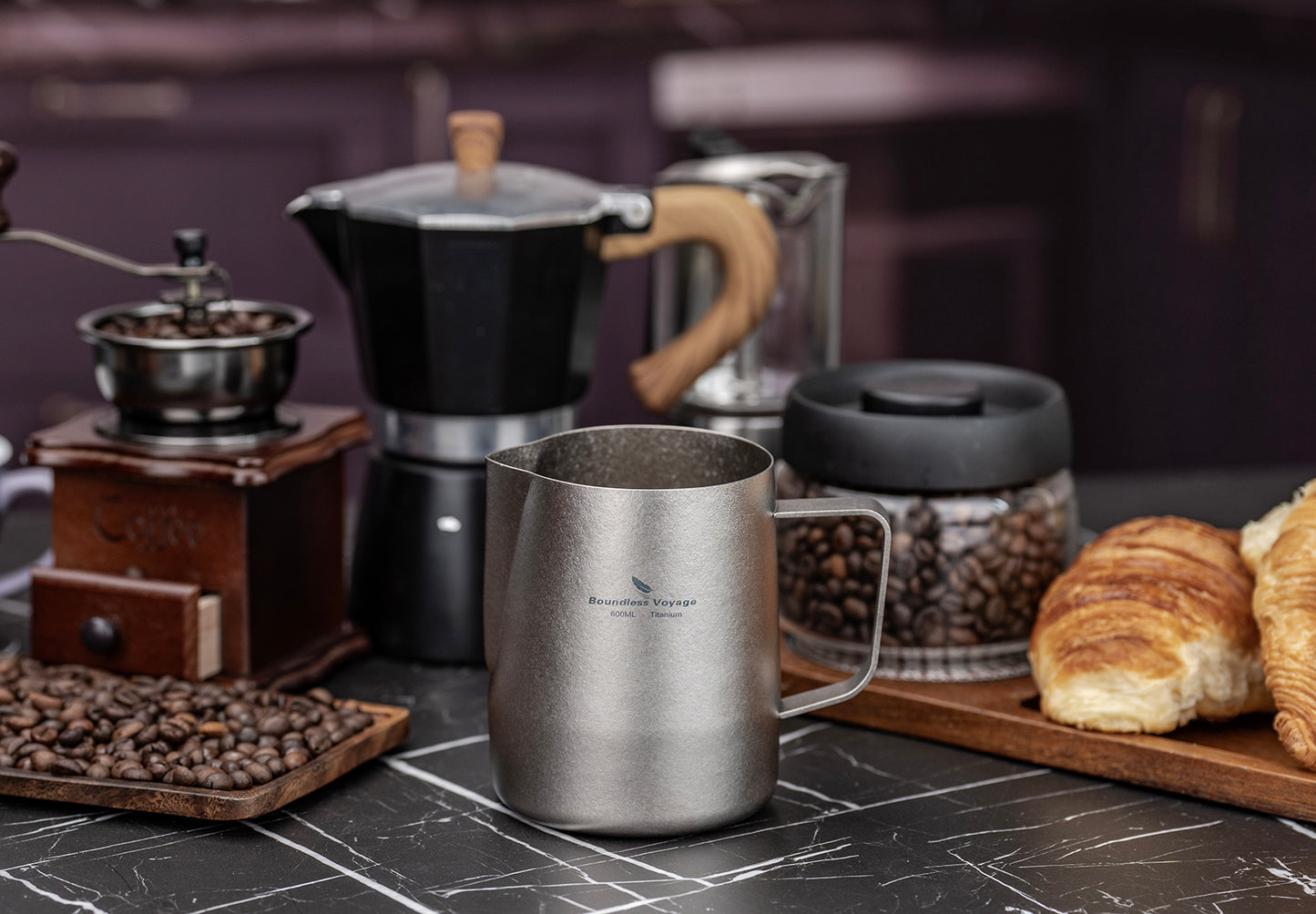 Boundless Voyage Titanium Espresso Steaming Pitcher – Milk Frother Cup with Round Spout for Barista Latte Art & Coffee