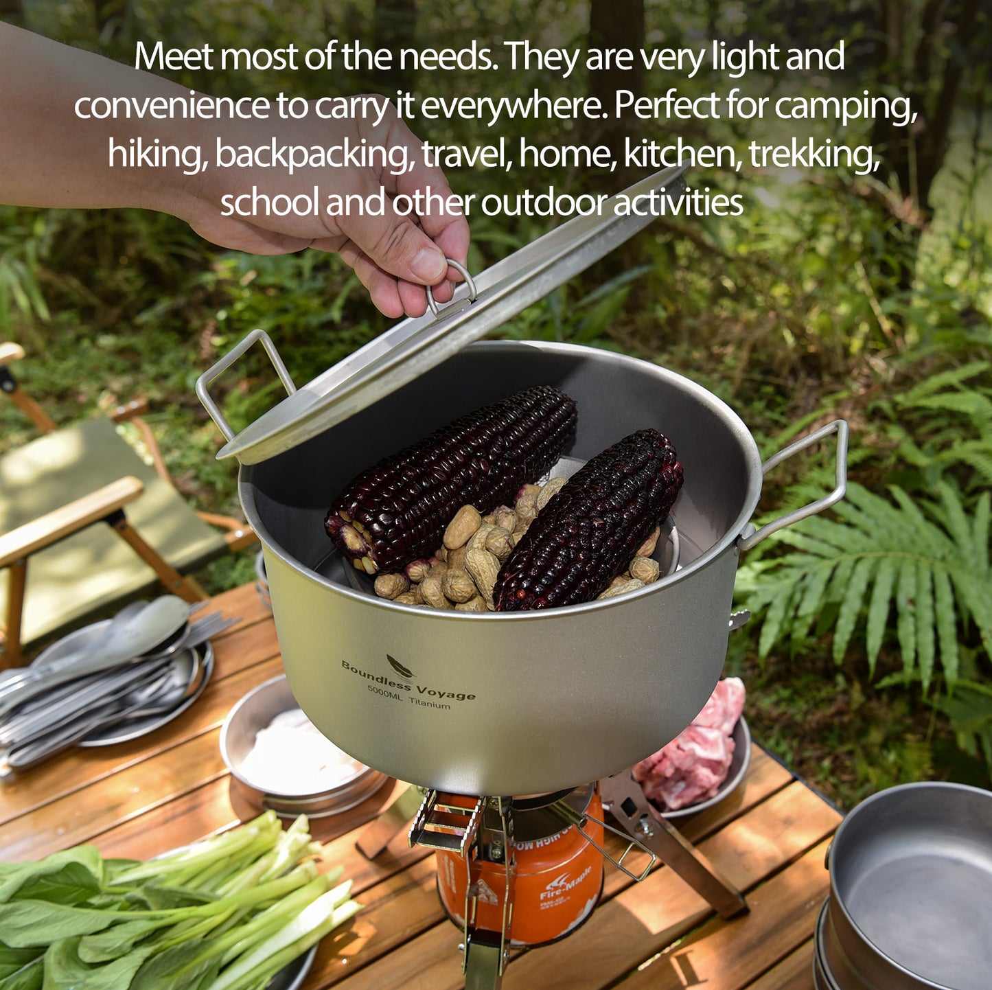 Boundless Voyage Outdoor Camping Titanium Pot 5.0L Stockpot with Lid Folding Handle Hiking Picnic Portable Big Capacity Soup Pot Home Kitchen