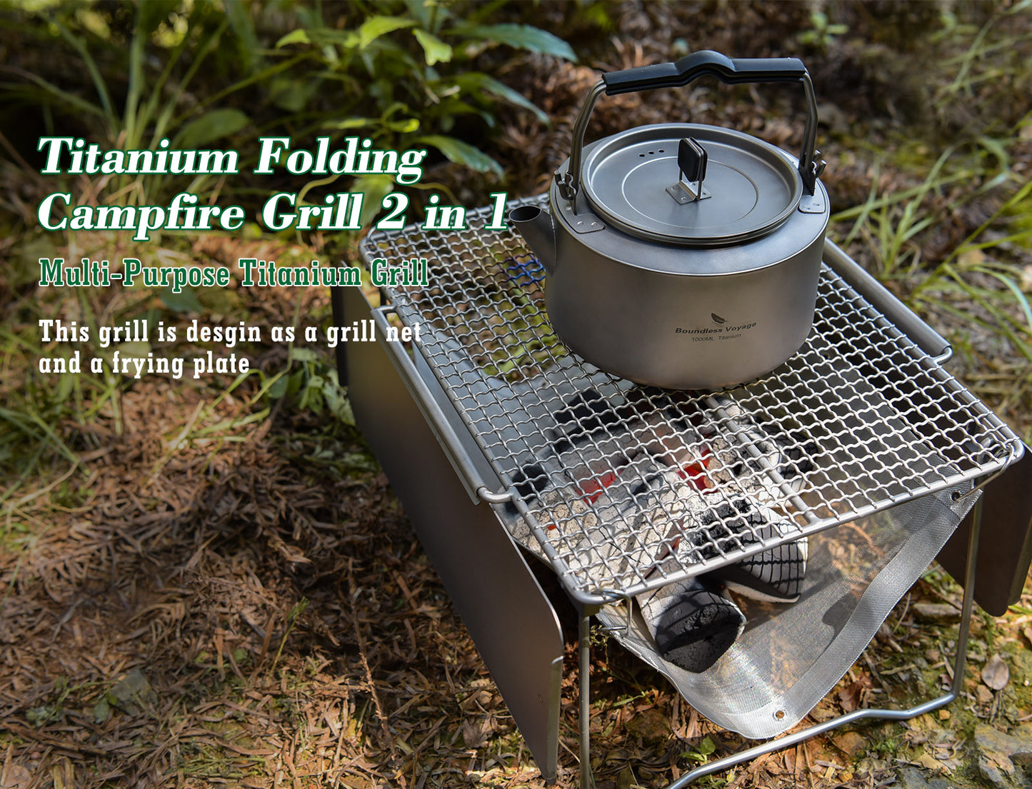 Boundless Voyage TA1 Titanium 2-in-1 Folding Campfire Grill – Portable Outdoor BBQ Table with Frying Plate & Collapsible Legs for Camping, Picnic & Backpacking