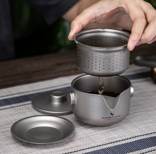 Boundless Voyage 180ml Titanium Double-Layer Tea Maker | 136g Ultralight Stackable Teapot with Filter | Anti-Scald Travel Tea Mug & Tray