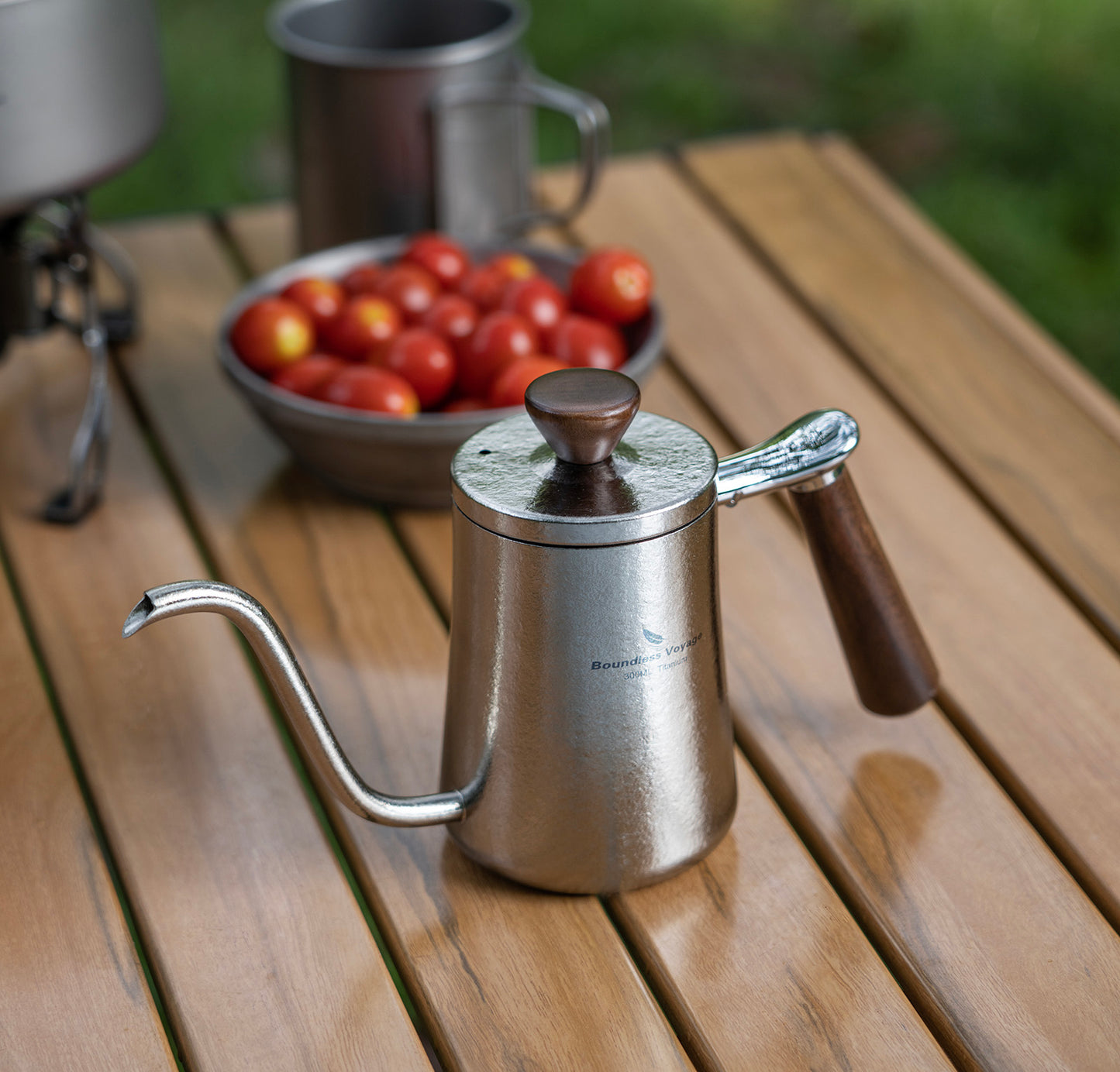 Boundless Voyage 300ml Titanium Pour Over Coffee Kettle with Beech Wood Handle – For Home, Office & Camping