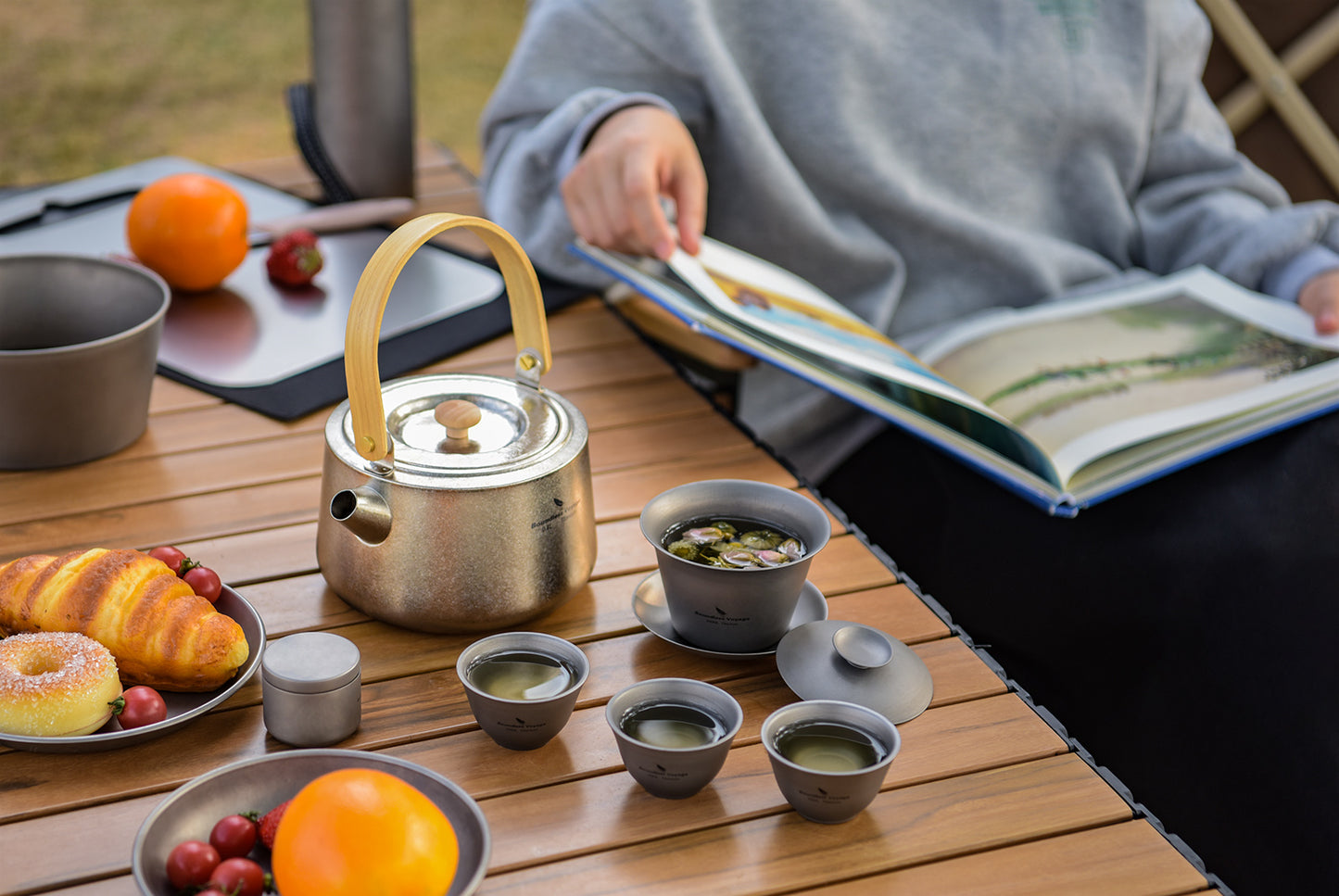 Boundless Voyage Titanium Gaiwan Kung Fu Tea Cup and Saucer with Lid Chinese Traditional Gaiwan Double Walled Durable Tea Bowl Teacup with Cover Lightweight Tea Set Outdoor Camping Portable Tureen