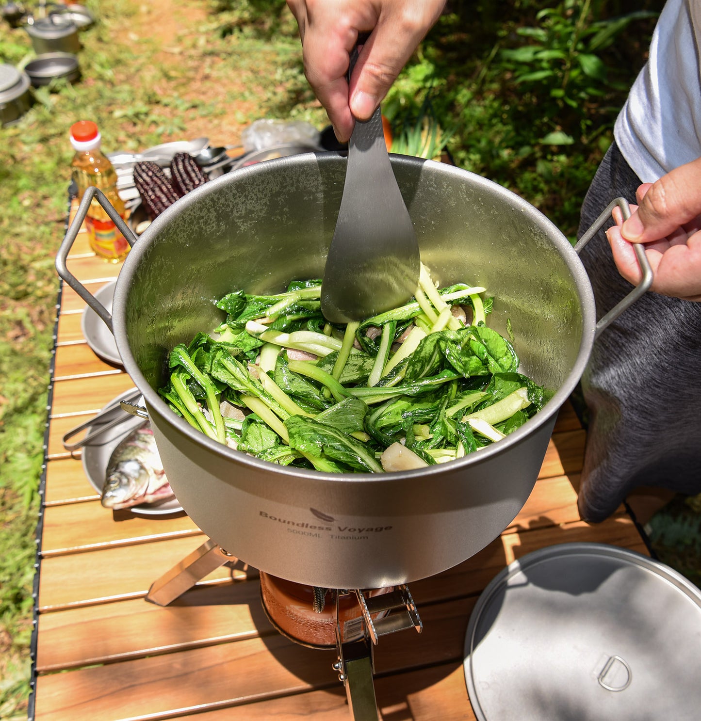 Boundless Voyage Outdoor Camping Titanium Pot 5.0L Stockpot with Lid Folding Handle Hiking Picnic Portable Big Capacity Soup Pot Home Kitchen
