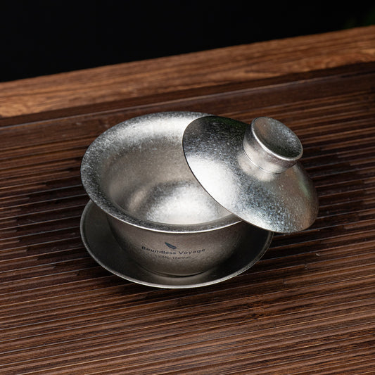 Boundless Voyage 130ml Crystallized Titanium Gaiwan Set | Ultralight 121g Chinese Kung Fu Tea Bowl | Double-Walled Anti-Scald Teacup with Lid & Saucer