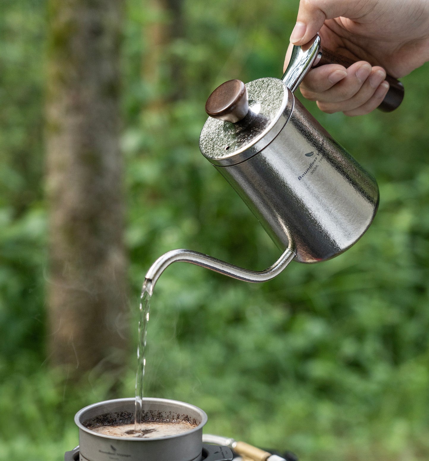 Boundless Voyage 300ml Titanium Pour Over Coffee Kettle with Beech Wood Handle – For Home, Office & Camping