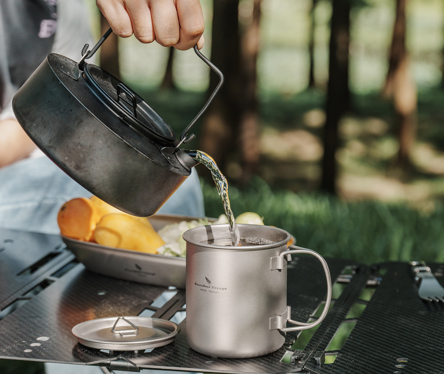 Boundless Voyage Outdoor Titanium Cup 420ml With Lid Camping Mug Foldable Handle Outdoor Hiking Ultralight Portable Water Coffee Tea Cup