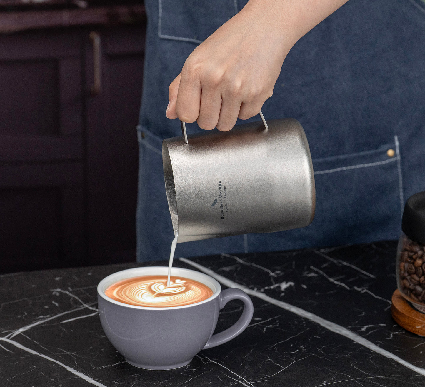 Boundless Voyage Titanium Espresso Steaming Pitcher – Milk Frother Cup with Round Spout for Barista Latte Art & Coffee