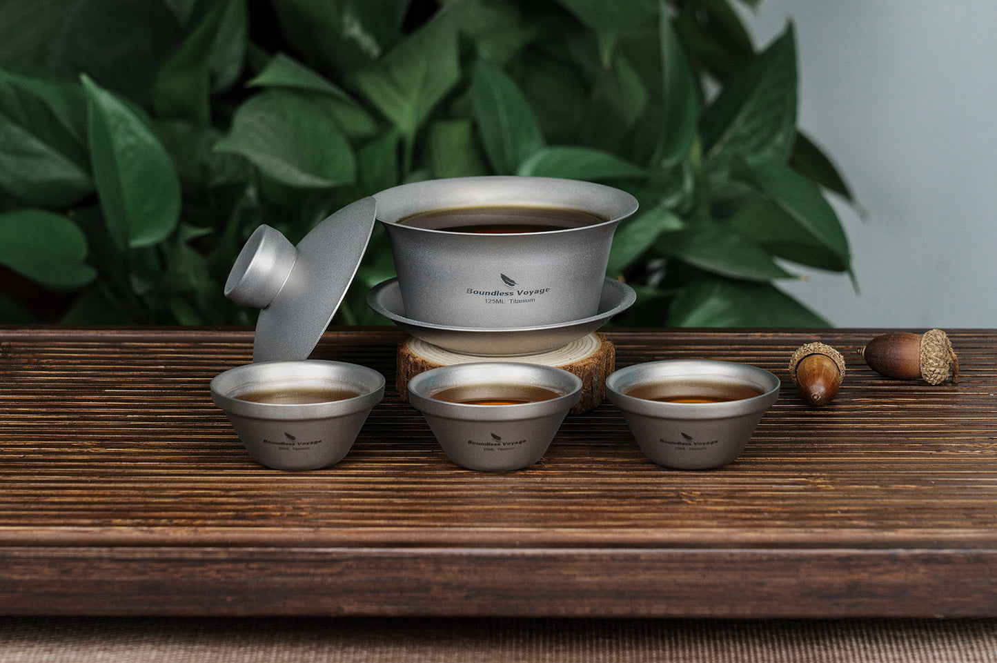 Boundless Voyage Titanium Tea Cup with Lid Traditional Chinese Kung Fu Gaiwan Double-Walled Anti-Scalding Tea Bowl Lightweight Portable Tea Set With 25ml Cup 3PCS
