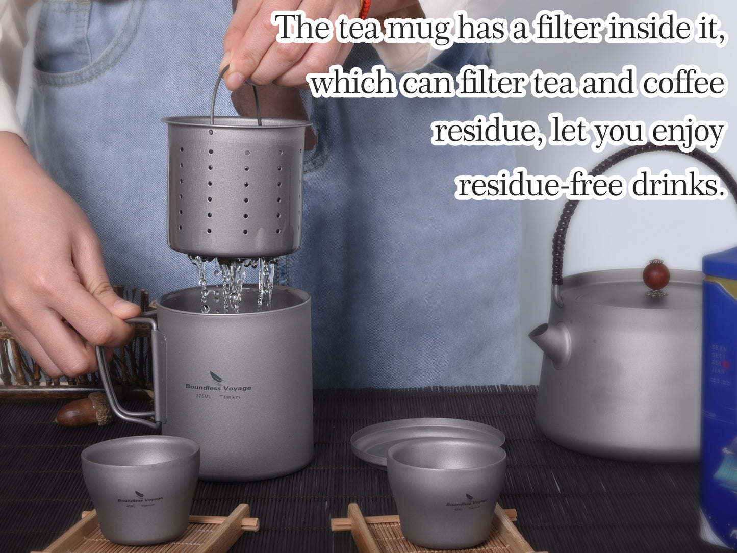 Boundless Voyage Titanium Double-walled Tea Mug with Strainer Shot Glass Outdoor Camping Portable Coffee Cup Set