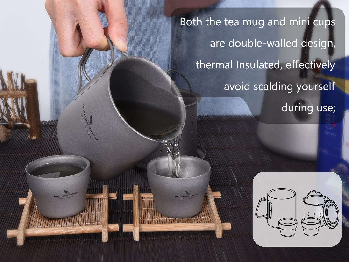 Boundless Voyage Titanium Double-walled Tea Mug with Strainer Shot Glass Outdoor Camping Portable Coffee Cup Set