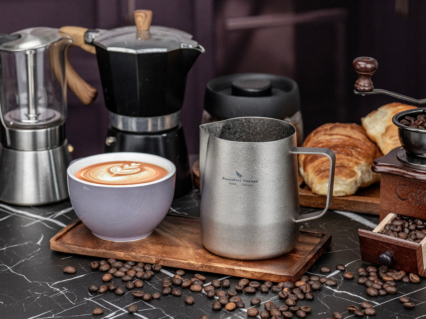 Boundless Voyage Titanium Espresso Steaming Pitcher – Milk Frother Cup with Round Spout for Barista Latte Art & Coffee