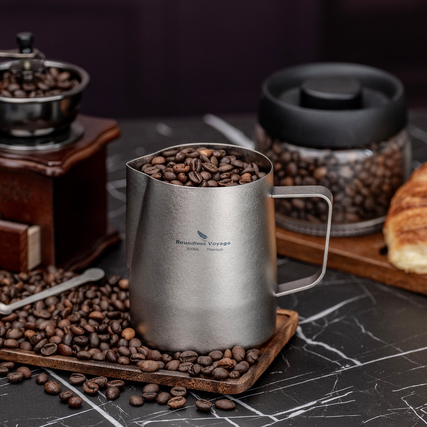 Boundless Voyage Titanium Espresso Steaming Pitcher – Milk Frother Cup with Round Spout for Barista Latte Art & Coffee