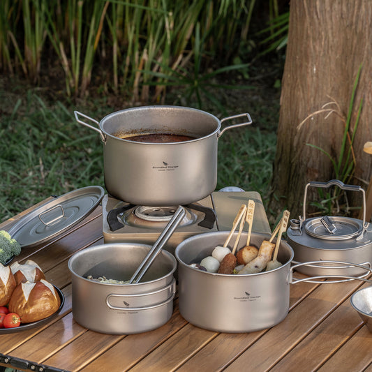 Boundless Voyage 4-Piece TA1 Titanium Camping Cookware Mess Kit – Ultralight Outdoor Cooking Set with Kettle for Camping, Hiking, Backpacking & Picnic