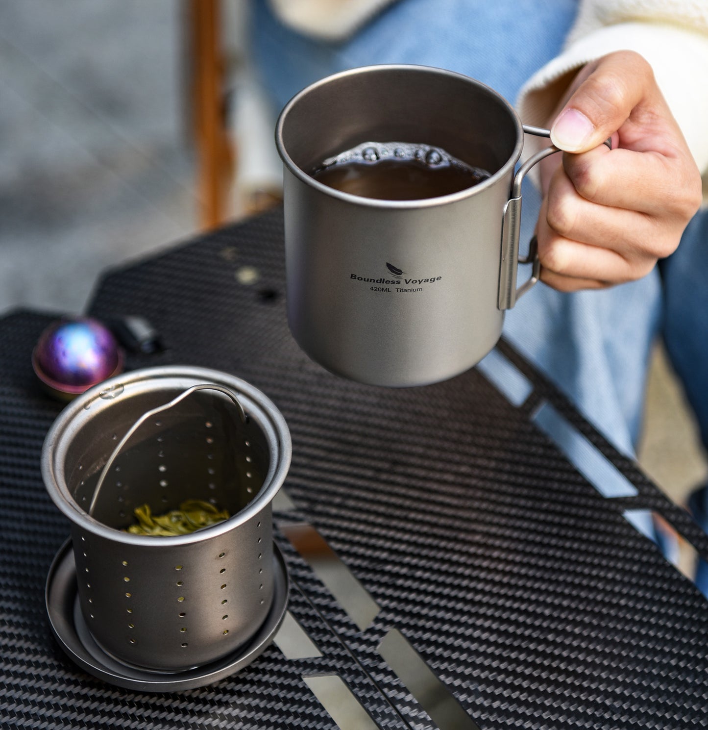 Boundless Voyage 420ml TA1 Titanium Mug with Tea Strainer – Ultralight Folding-Handle Tea Maker for Outdoor Camping & Daily Use