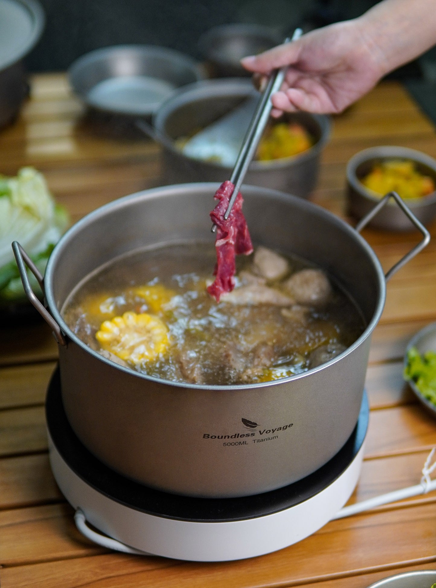 Boundless Voyage Outdoor Camping Titanium Pot 5.0L Stockpot with Lid Folding Handle Hiking Picnic Portable Big Capacity Soup Pot Home Kitchen