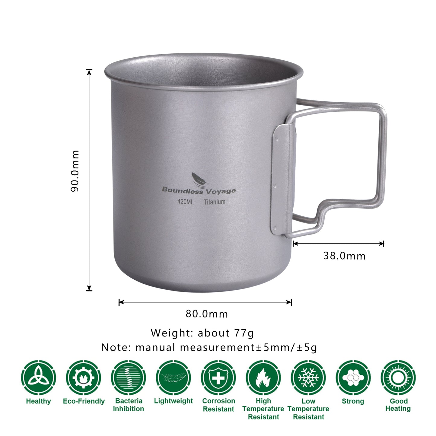 Boundless Voyage Outdoor Titanium Cup 420ml Camping Mug Foldable Handle Outdoor Hiking Ultralight Portable Water Coffee Tea Cup