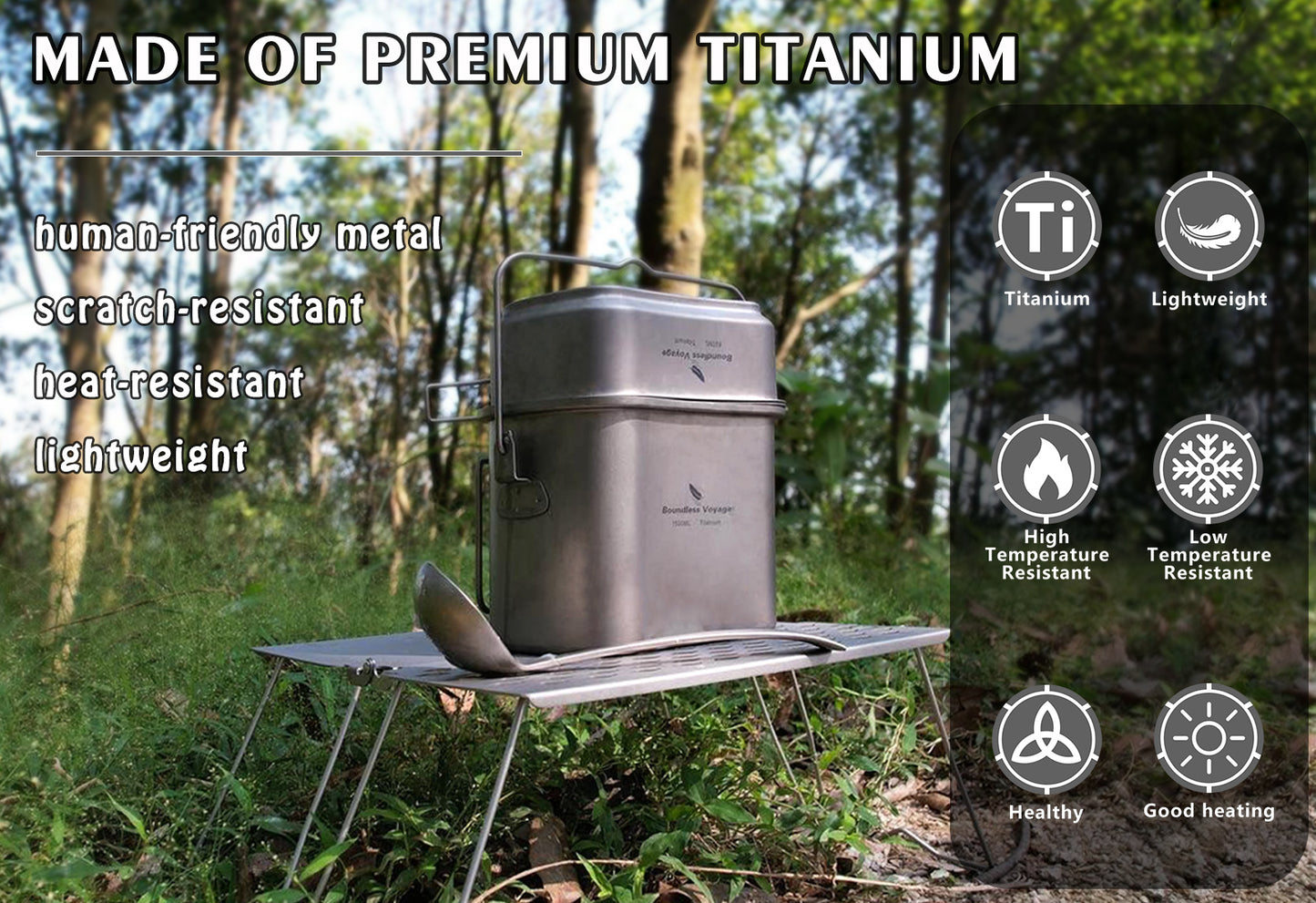 Boundless Voyage Titanium Hanging Pot & Cup Set – Ultralight Campfire Cooking Kit with Lid, TA1 Titanium Camping Cookware for Backpacking, Hiking & Outdoor Use