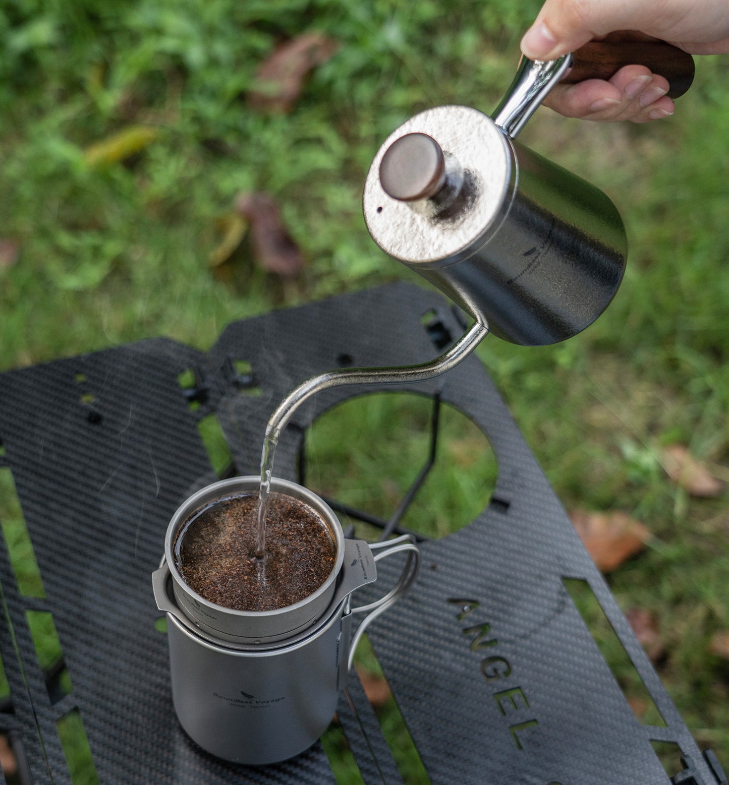 Boundless Voyage 300ml Titanium Pour Over Coffee Kettle with Beech Wood Handle – For Home, Office & Camping