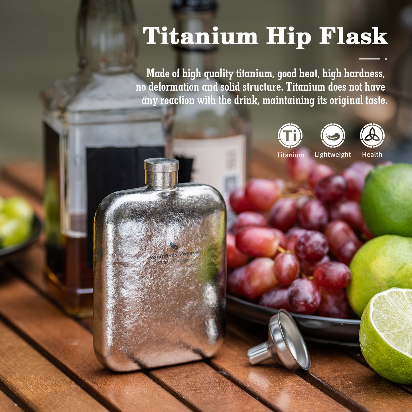 Boundless Voyage Titanium Hip Flask – Ultralight Pocket Liquor Bottle for Whiskey, Vodka, Wine | Outdoor Travel Drinkware