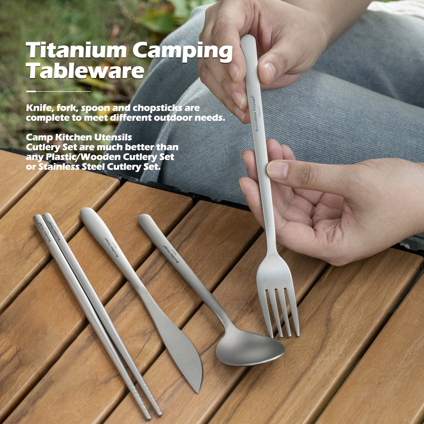 Boundless Voyage Titanium Camping Tableware Set – Eco-Friendly Cutlery & Chopsticks | Knife, Fork, Spoon for Home, Travel & Outdoor Adventures