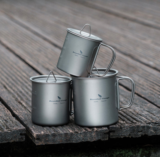 Boundless Voyage 3-Piece Ultralight Titanium Nesting Cup Set | 200/300/450ml Stackable Camping Mug Kit