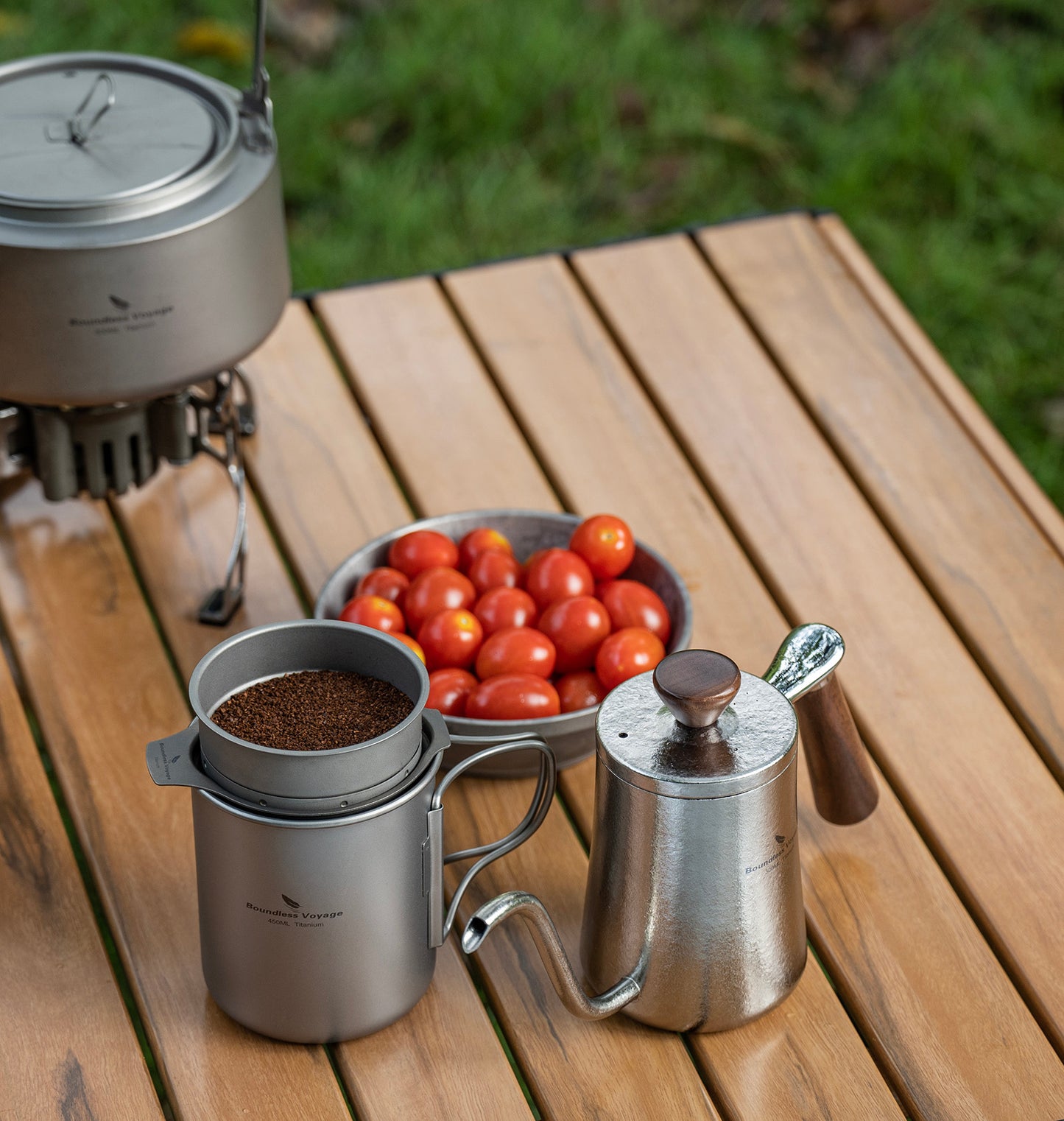 Boundless Voyage 300ml Titanium Pour Over Coffee Kettle with Beech Wood Handle – For Home, Office & Camping