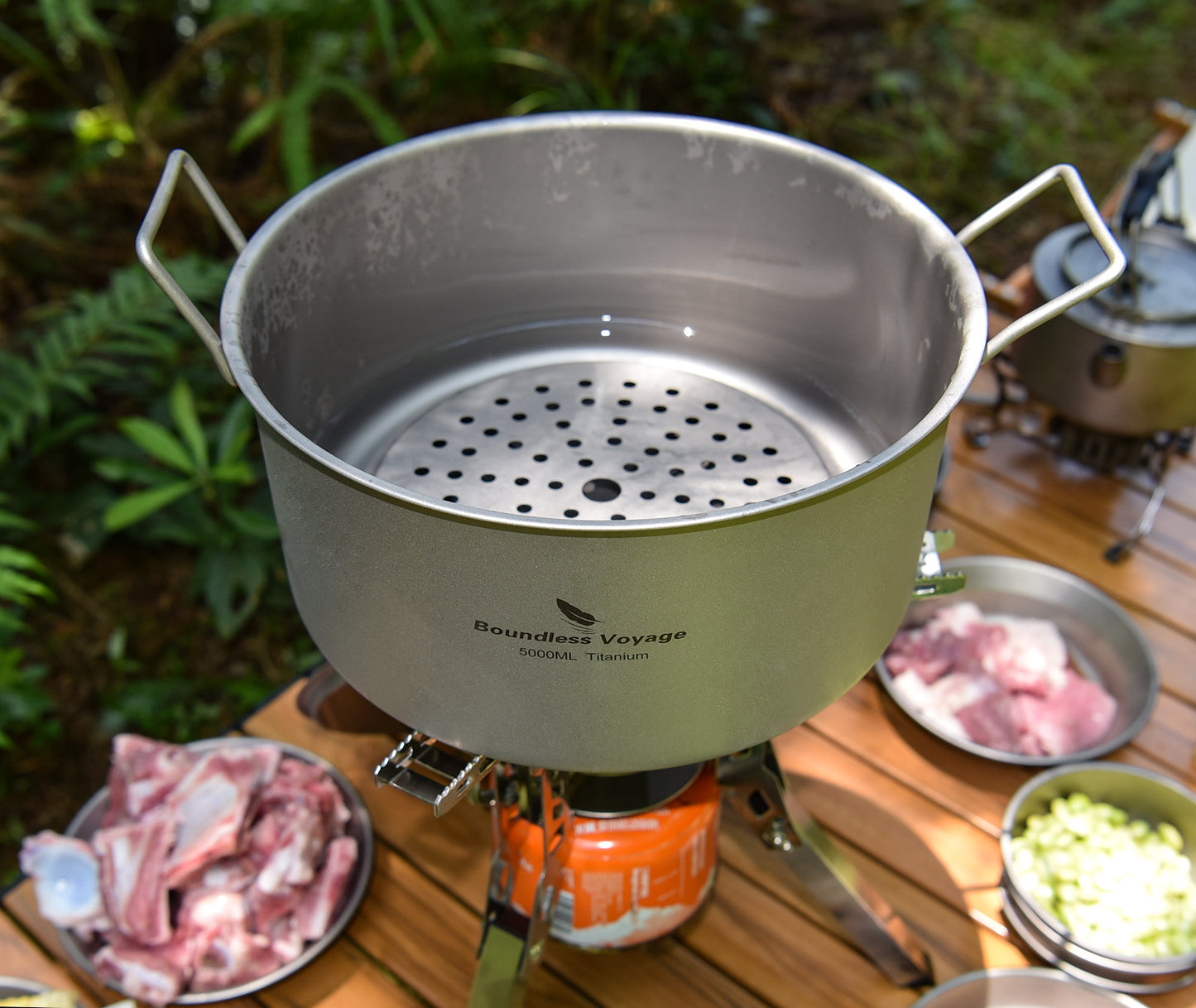 Boundless Voyage Outdoor Camping Titanium Pot 5.0L Stockpot with Lid Folding Handle Hiking Picnic Portable Big Capacity Soup Pot Home Kitchen