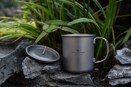 Boundless Voyage 450ml Titanium Camping Mug with Lid | 15.2oz Ultralight Single-Wall Backpacking Cup | Foldable Handle Coffee Mug & Outdoor Cooking Pot | Non-Toxic & BPA-Free