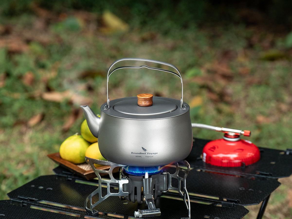 Boundless Voyage 800ml Titanium Camping Kettle – Ultralight Water Boiler with Folding Handle & Wooden Knob for Backpacking, Hiking & Outdoor Cooking
