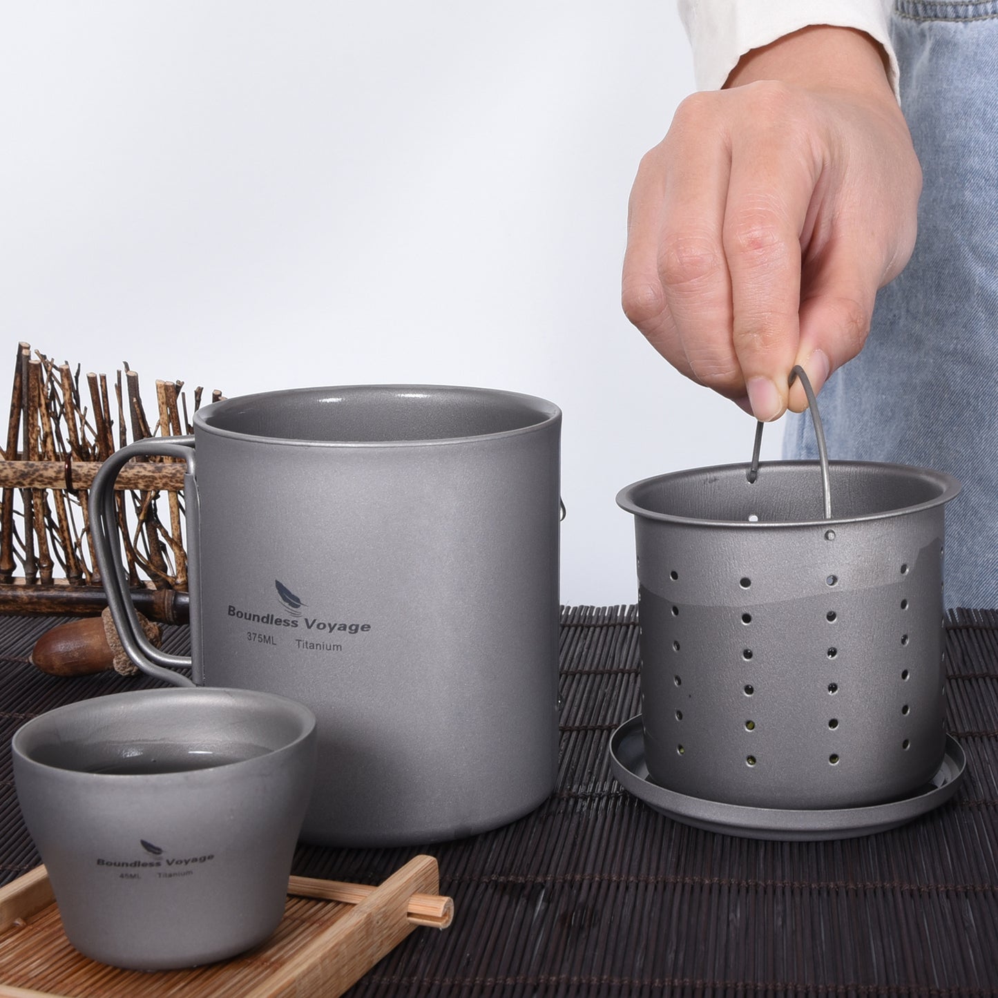 Boundless Voyage Titanium Double-walled Tea Mug with Strainer Shot Glass Outdoor Camping Portable Coffee Cup Set