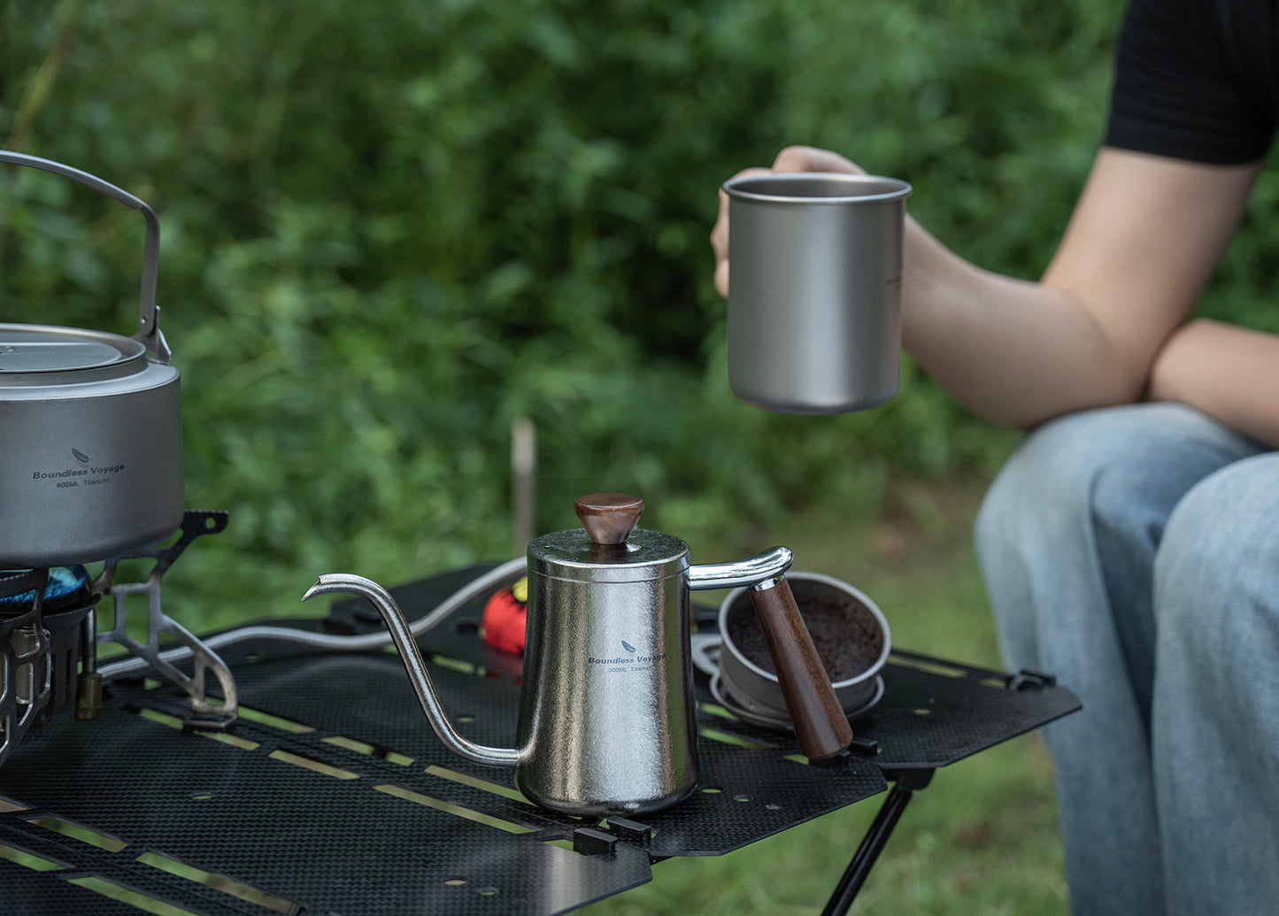Boundless Voyage 300ml Titanium Pour Over Coffee Kettle with Beech Wood Handle – For Home, Office & Camping