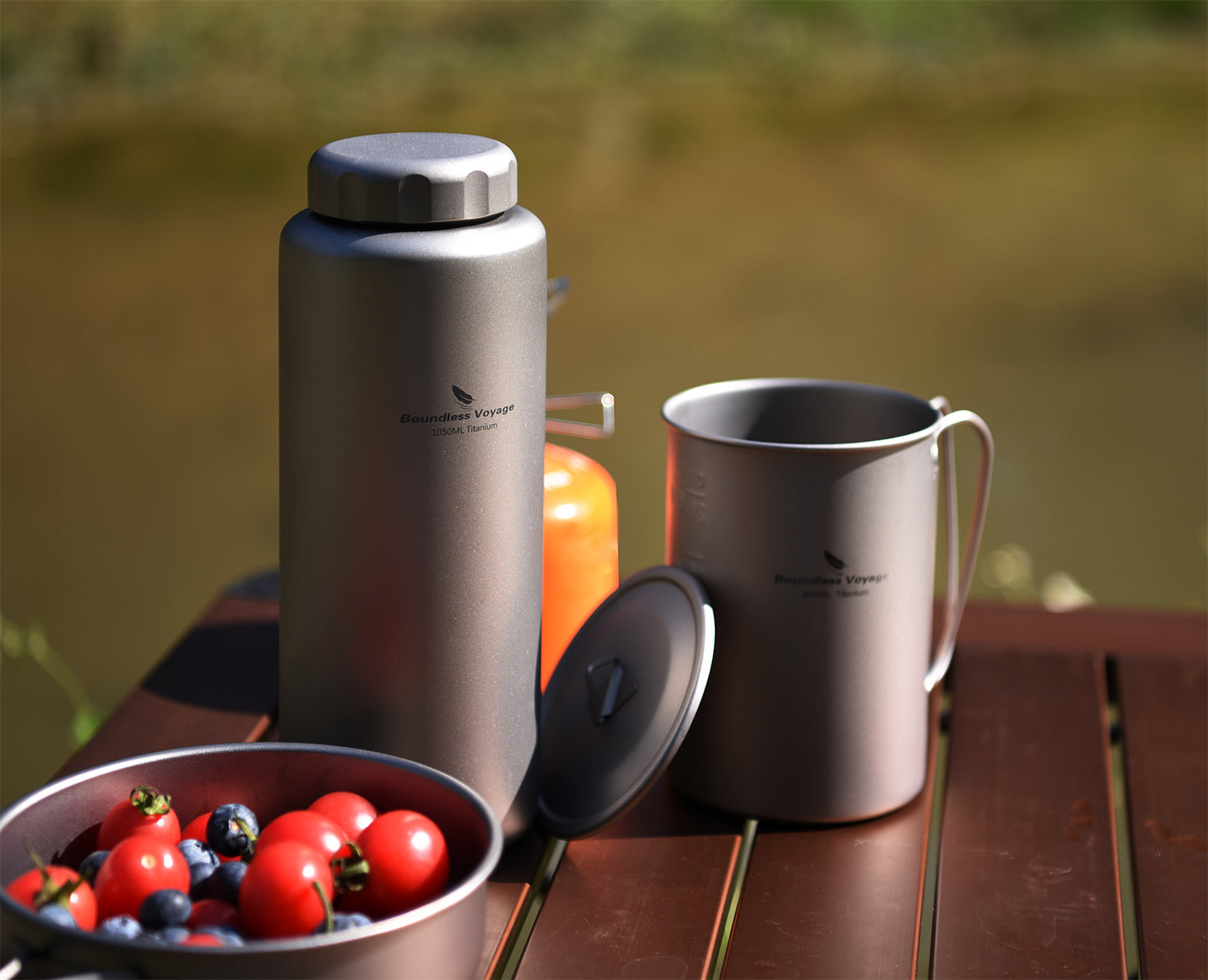 Boundless Voyage Titanium Bottle with Nesting Cup Lightweight Portable for Hiking Camping Water bottle Titanium mug