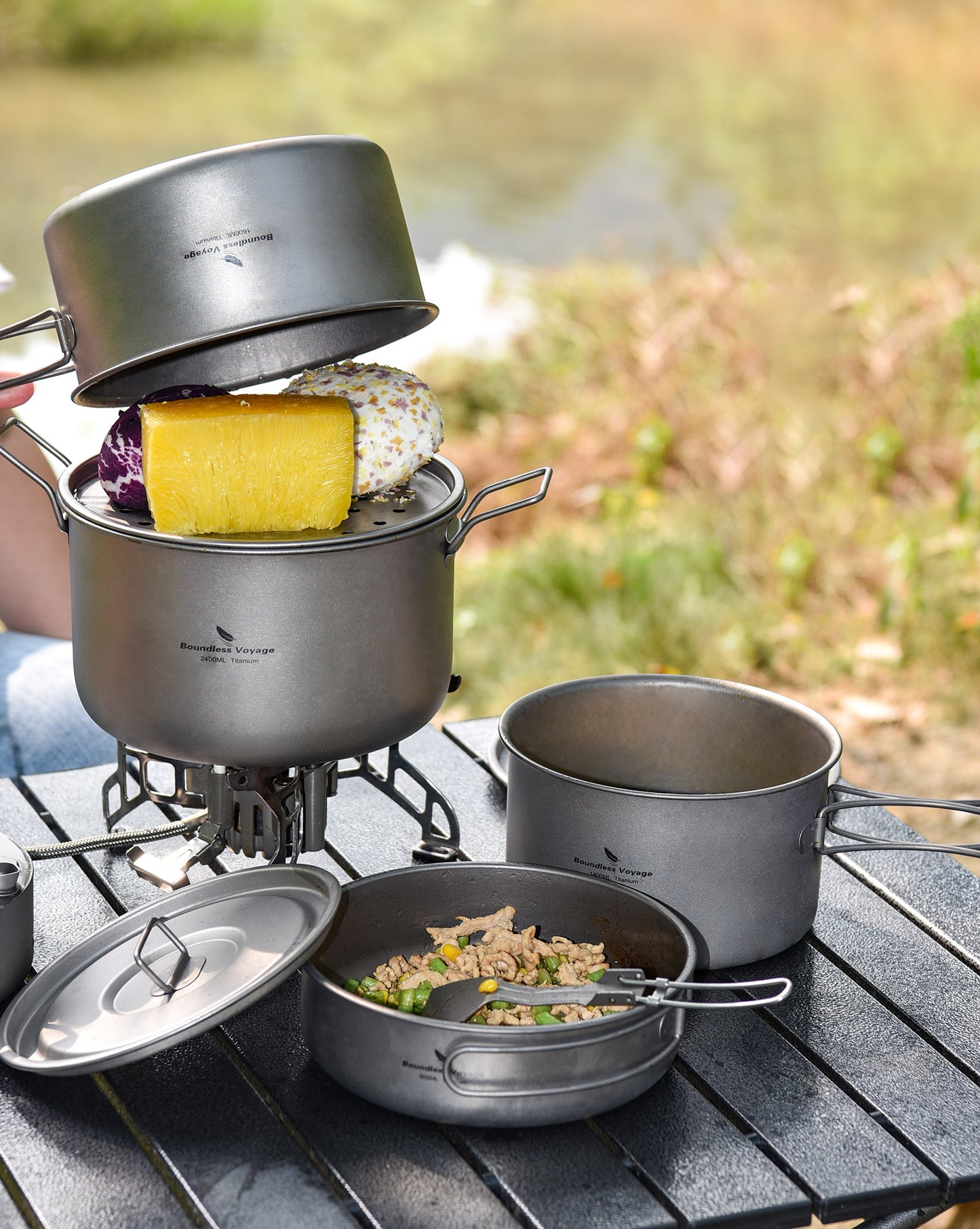 Boundless Voyage Titanium 3pcs Camping Cookware Mess Kit, Camping Cooking Set, Portable Nonstick Camp Pots Set 1.4L 1.6L 2.4L for Outdoor Camping
