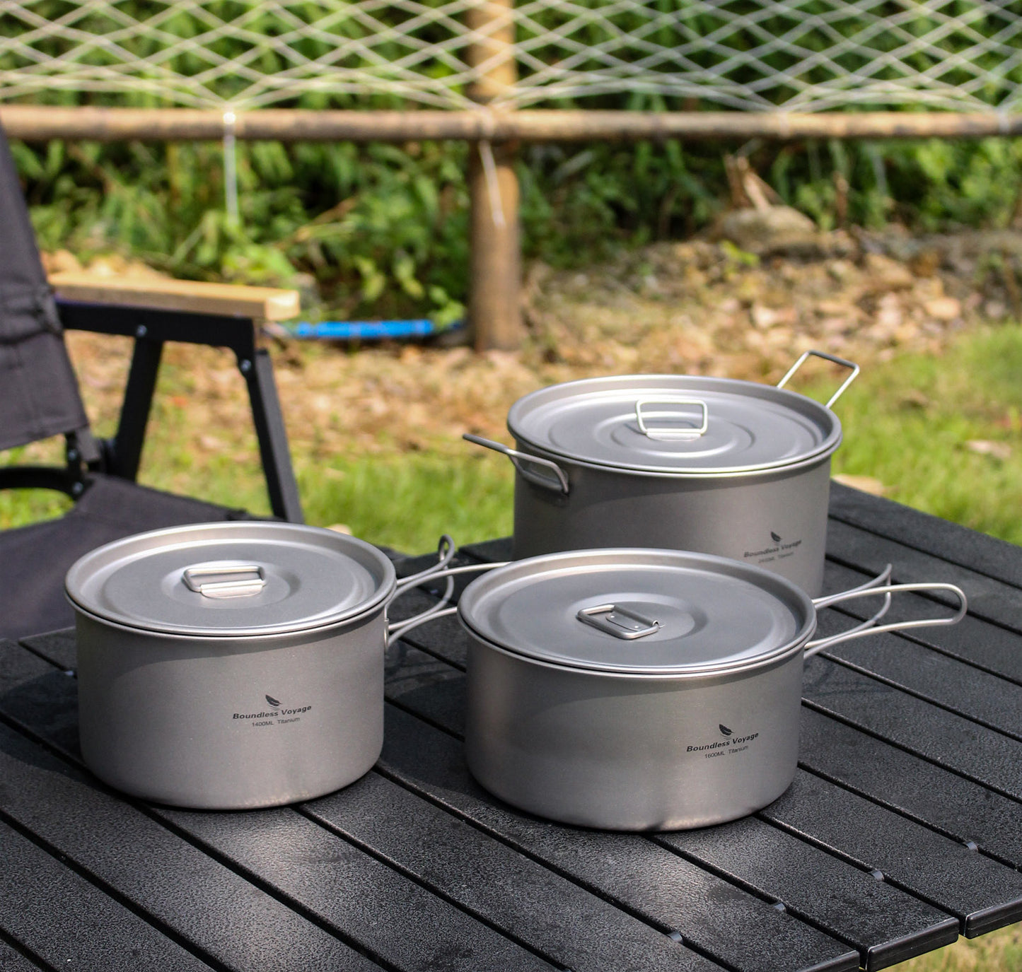Boundless Voyage Titanium 3pcs Camping Cookware Mess Kit, Camping Cooking Set, Portable Nonstick Camp Pots Set 1.4L 1.6L 2.4L for Outdoor Camping