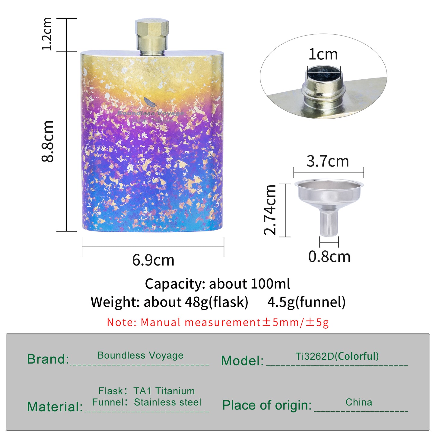 Boundless Voyage Titanium Colorful Flask Ultralight Mini Ti Flagon for Outdoor Travel Water Juice Whiskey Wine Pot Bottle 100ml