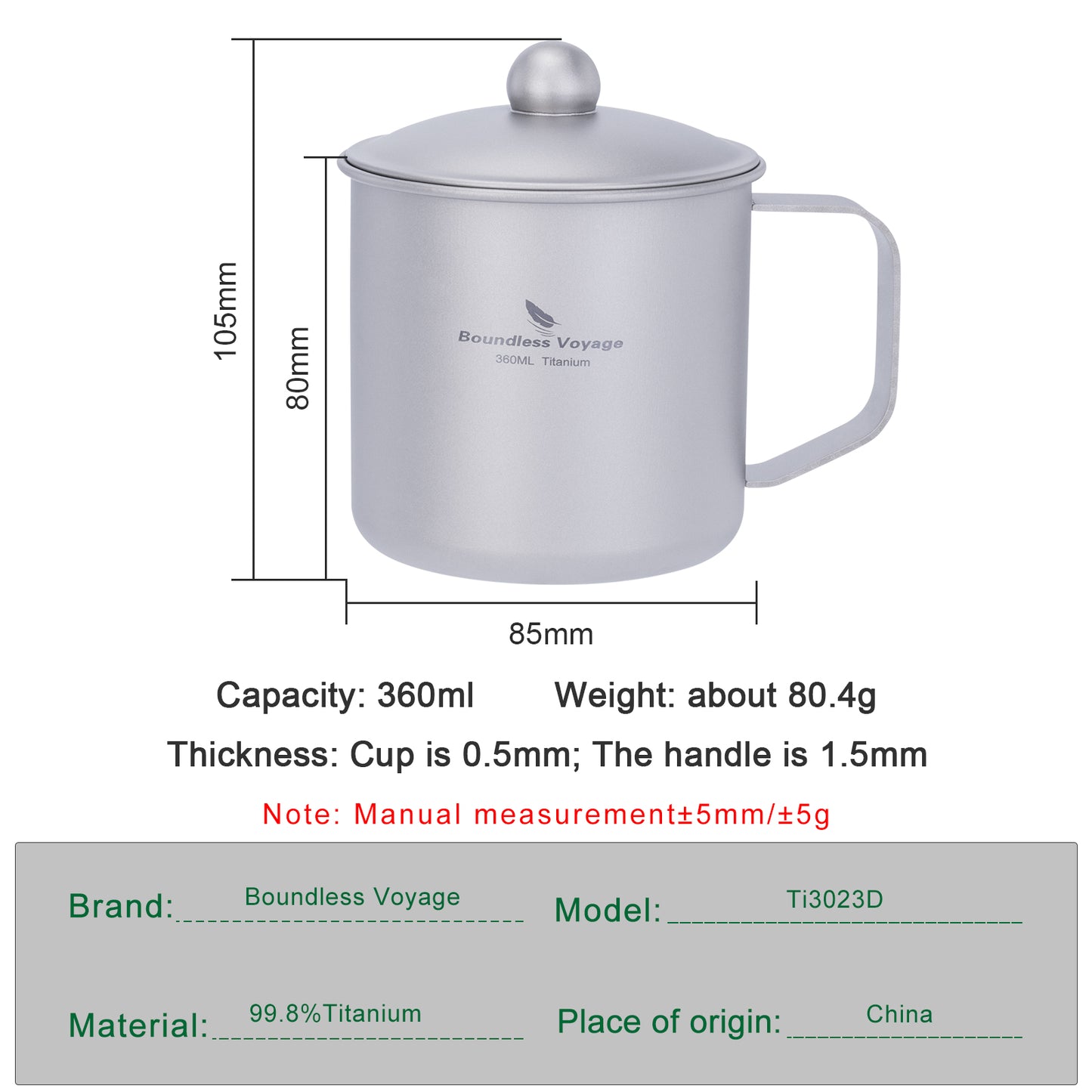 Boundless Voyage Titanium Camping Mug Cup with Lid Ultra-light Portable Hiking Backpacking Cooking Kit Picnic Tableware
