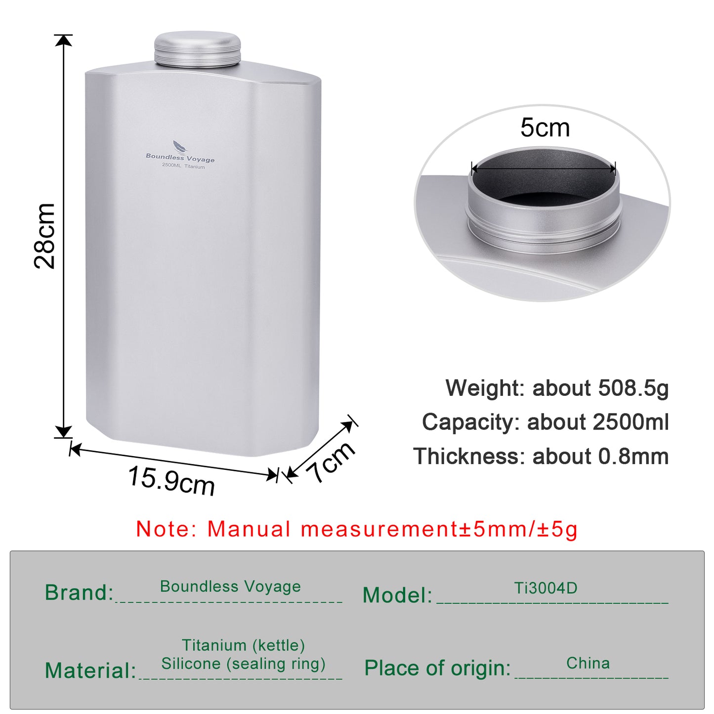 Boundless Voyage 2500ML Titanium Water Bottle – Ultralight & Leakproof Large-Capacity Drinkware for Outdoor Camping & Hiking
